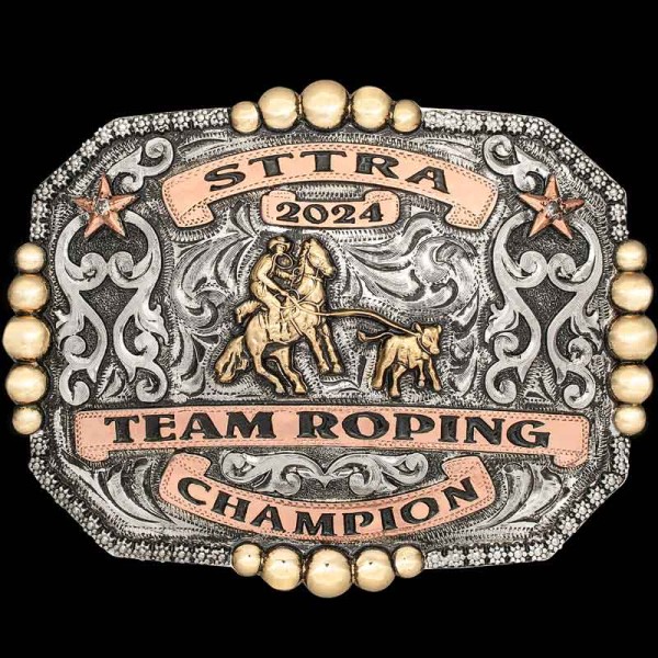 The Glendale Custom Belt Buckle is built with a great shape to show off your western style, bronze beads and copper lettering. Customize this buckle design for your rodeo event today!